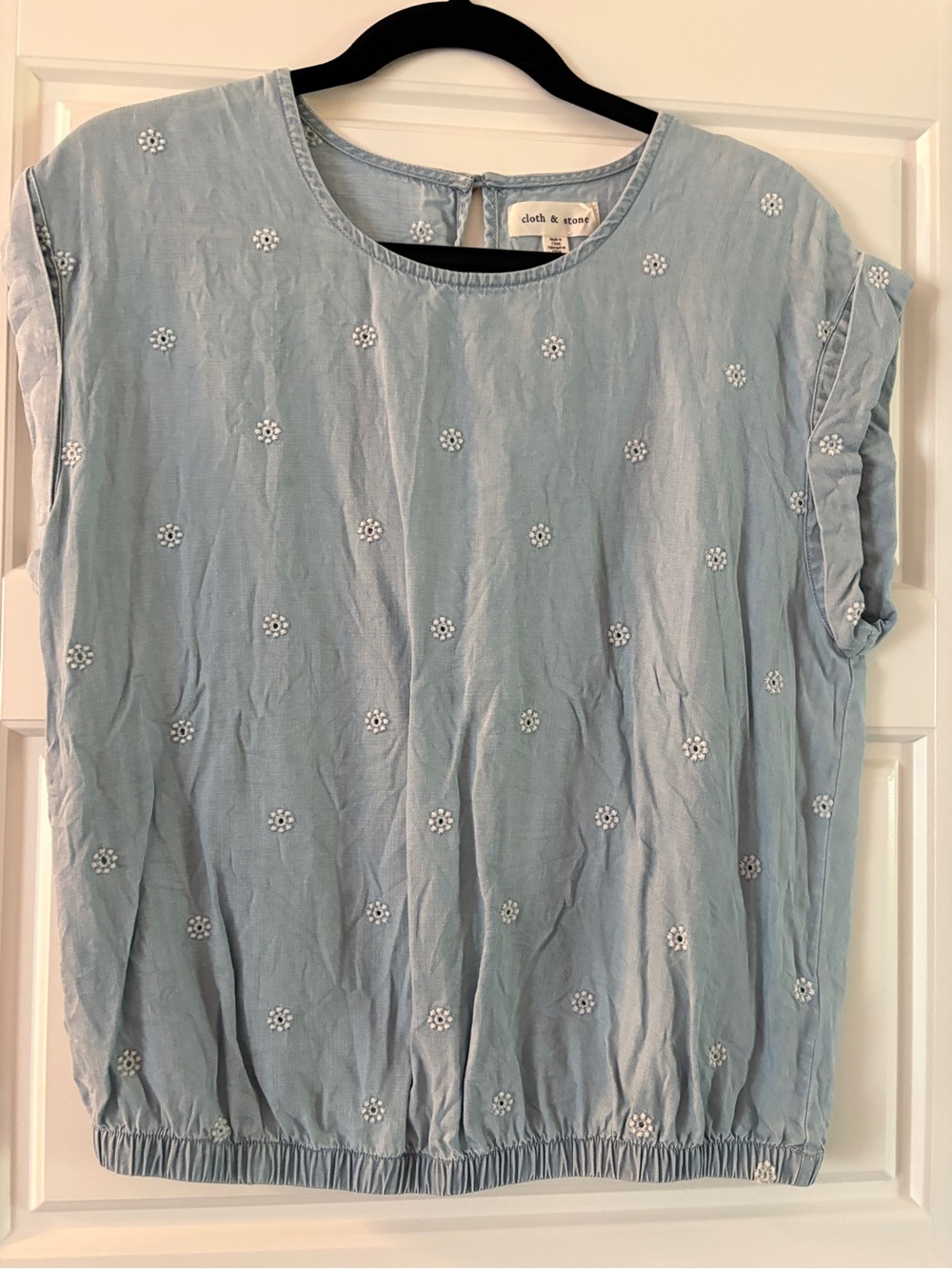 cloth & stone Sky Blue Embroidered Dot Cap-Sleeve Blouse